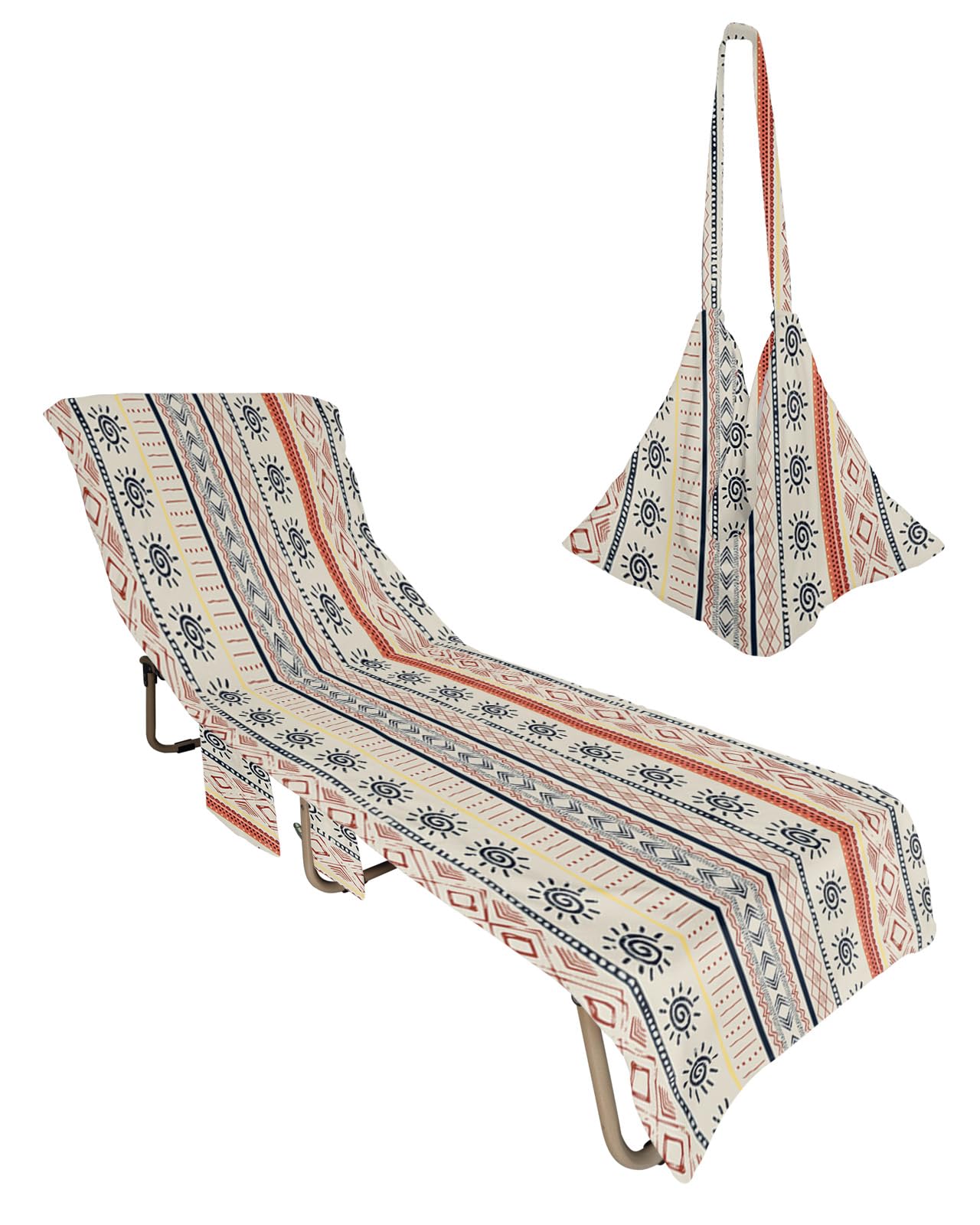 Boho Indian, Beach Lounge Chair Towel Cover, Soft Chaise Lounge Towel with Side Pockets Patio Pool Chairs Cover for Beach/Pool Sunbathing 29x85 Southwest African Traditional Geometric Stripes