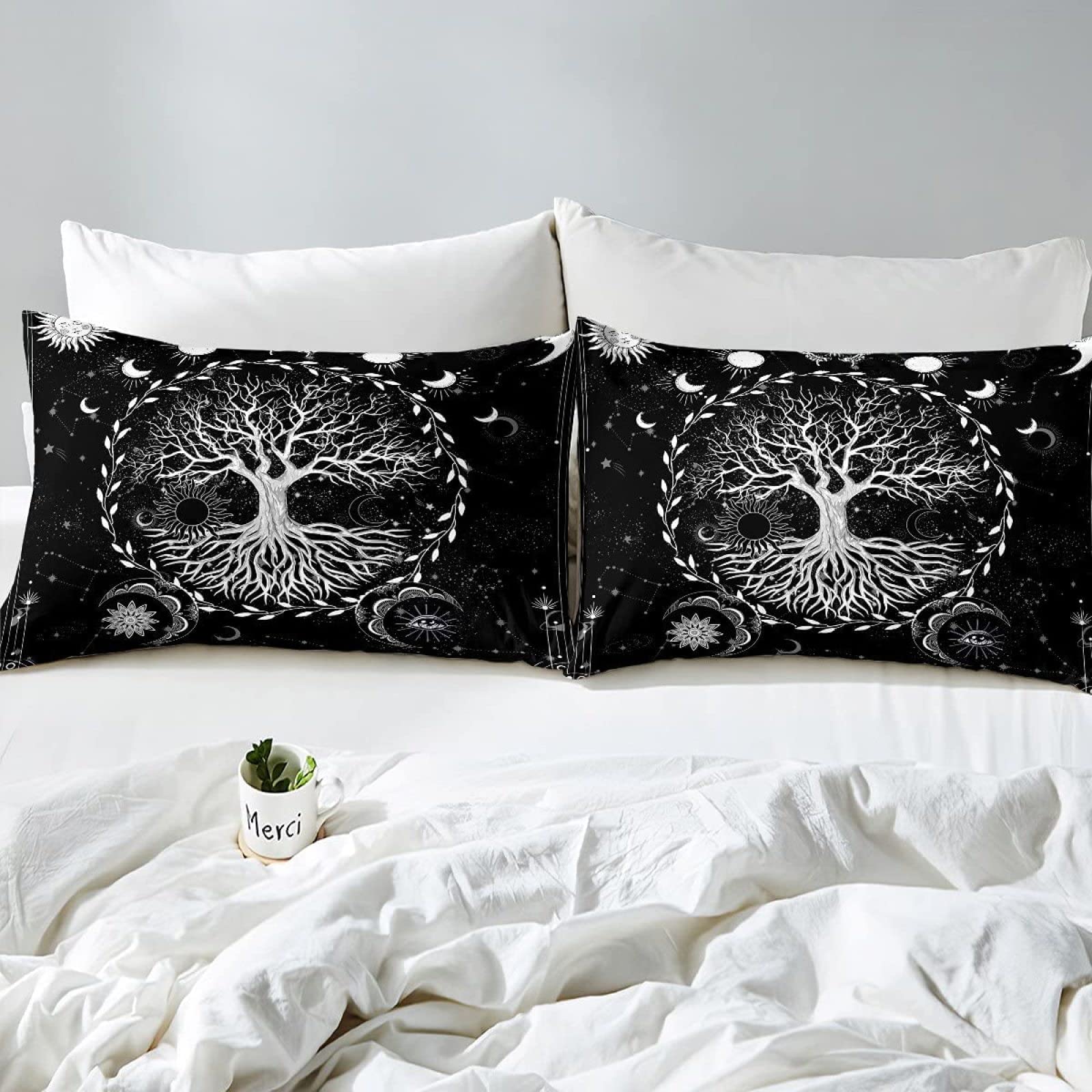 Housse de Couette 240x260 Arbre de Vie Soleil Lune, Parure de Lit 2 Personnes Imprimée 3D Microfibre, 2 Taies d'oreiller 65x65 cm avec Fermeture éclair