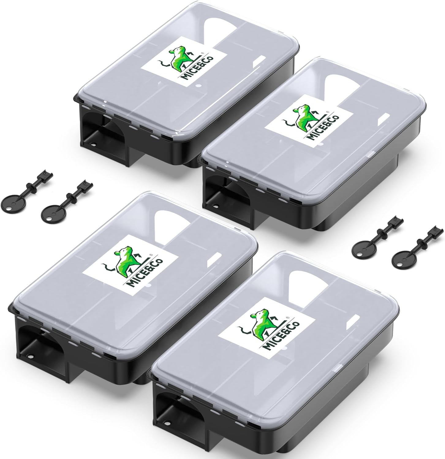 Mice&Co Professional Rat Bait Stations 4 Pack – Lockable Rodent Traps for Outside & Inside – Heavy Duty, Weather-Resistant Bait Boxes with Transparent Lid & Dual Entry – Tamper-Proof – Pet Safe