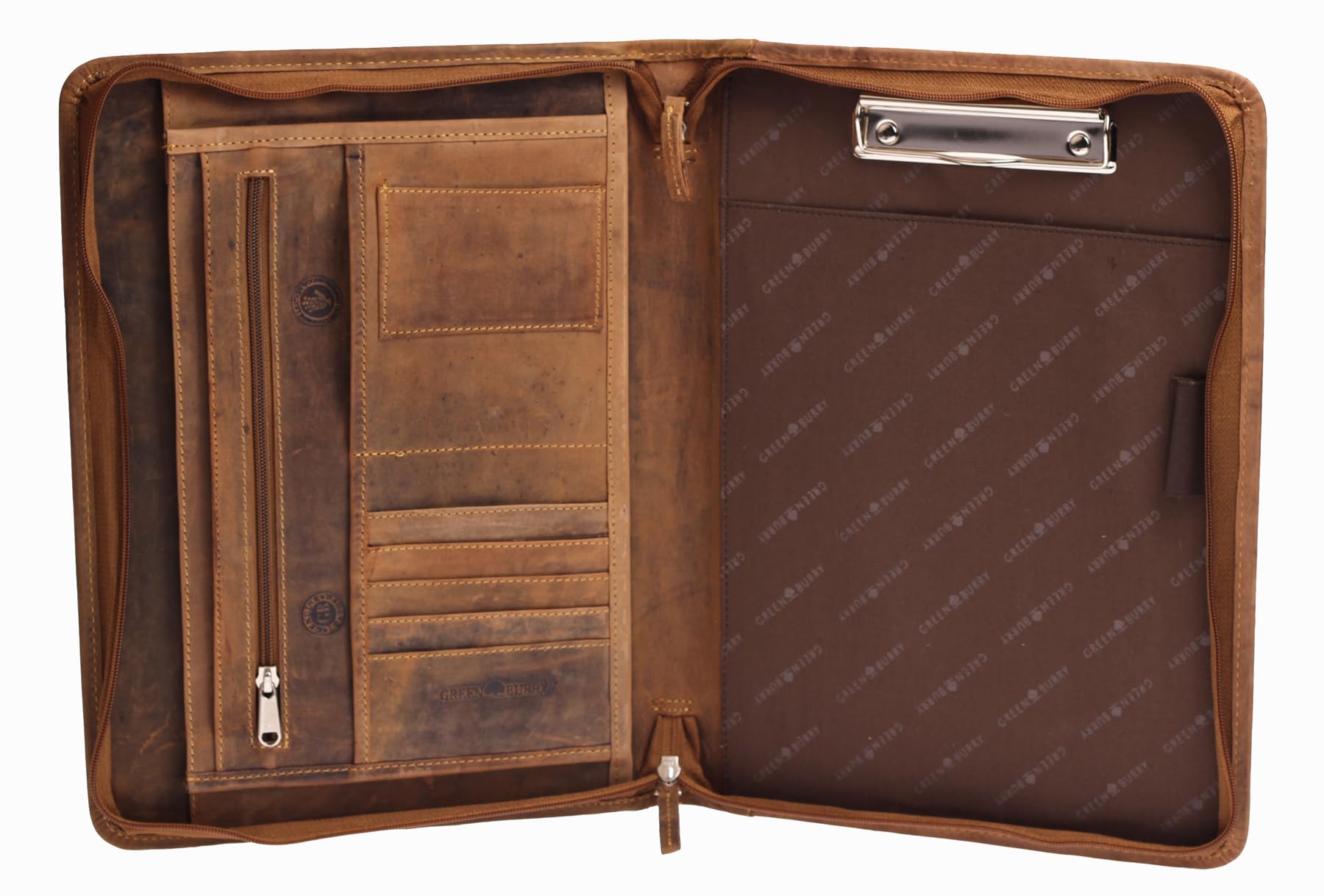 Greenburry Leder-Schreibmappe DIN A4 - Vintage Konferenzmappe mit Reißverschluss – A4 Schreibmappe aus Leder - hochwertige Vertretermappe aus Leder - 36 x 26,5 x 3 cm
