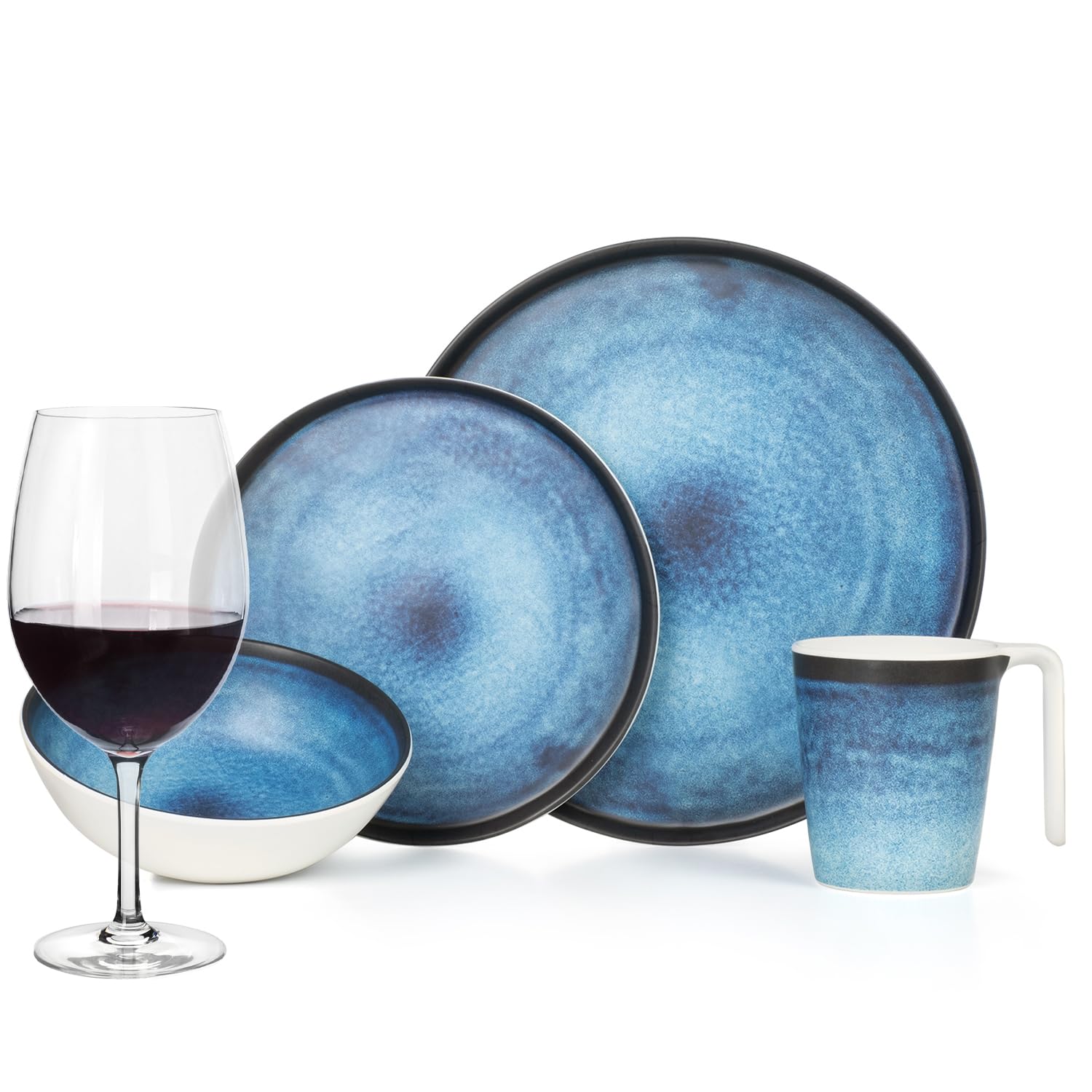 Vajilla de melamina para camping, 4 personas, océano profundo + 4 vasos de vino tinto Timo, copas de vino rojo, vajilla de pícnic, barbacoa