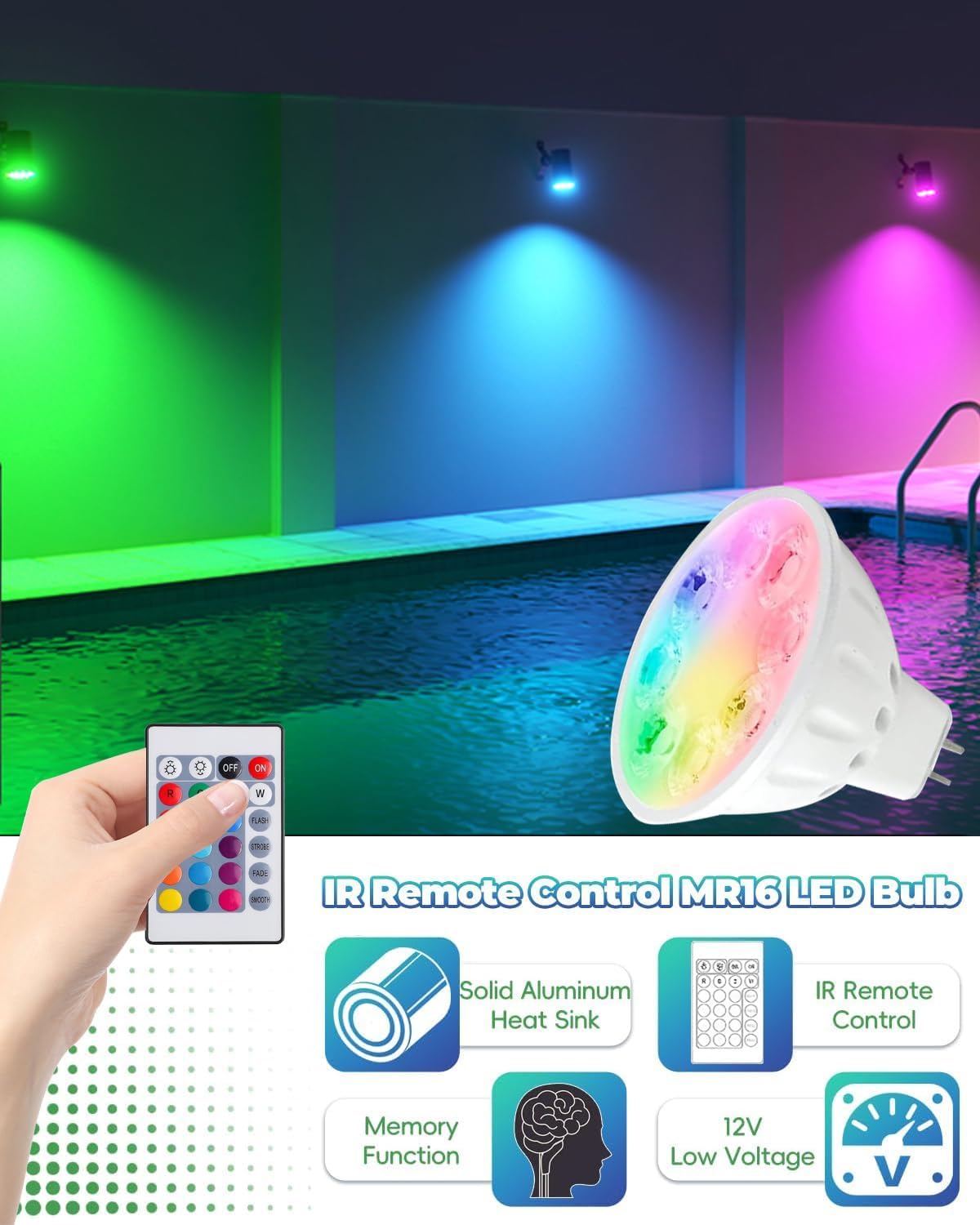 Upgraded RGB MR16 LED Bulb Color Changing, Landscape Bulbs GU5.3 Base, Warm White+15 Colors Choices and 4-Level Brightness Remote Control for 12V Low Voltage Lighting 6-Pack