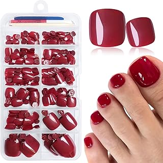 LuckForever 168pc Press on Toenails Women Fake Toe Nails with Glue Tab, Burgundy Fake Toenails Press on Nail Short Square Toe Nails Press ons Glue Toenail Feet False Artificial Acrylic Toe Nail Tips