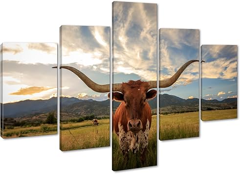 Yatsen Bridge 5 Panels Cow Canvas Wall Art Texas Longhorn Wall Decor Painting for Living Room - 60W x 40H