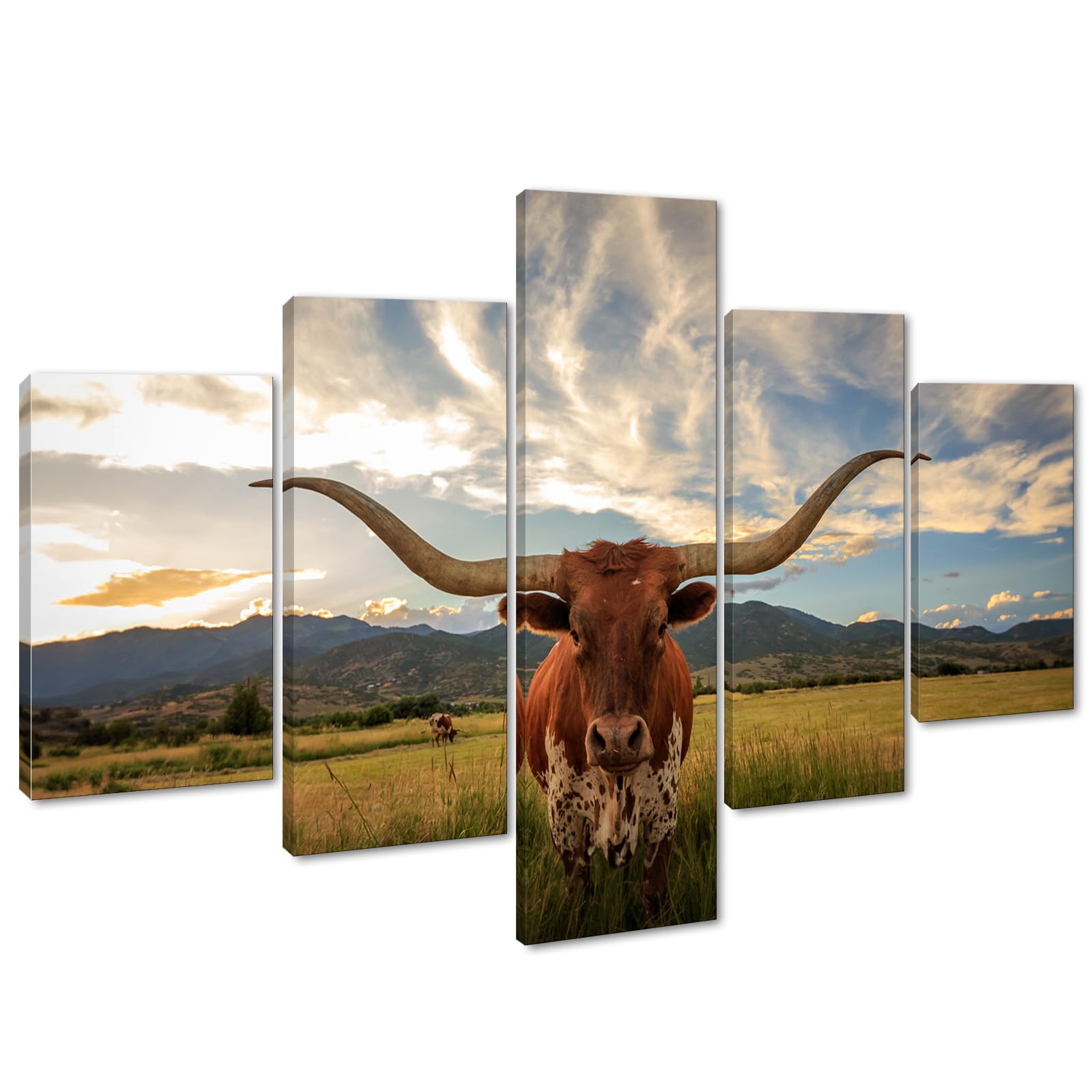 Yatsen Bridge 5 Panels Cow Canvas Wall Art Texas Longhorn Wall Decor Painting for Living Room -60''W x 40''H