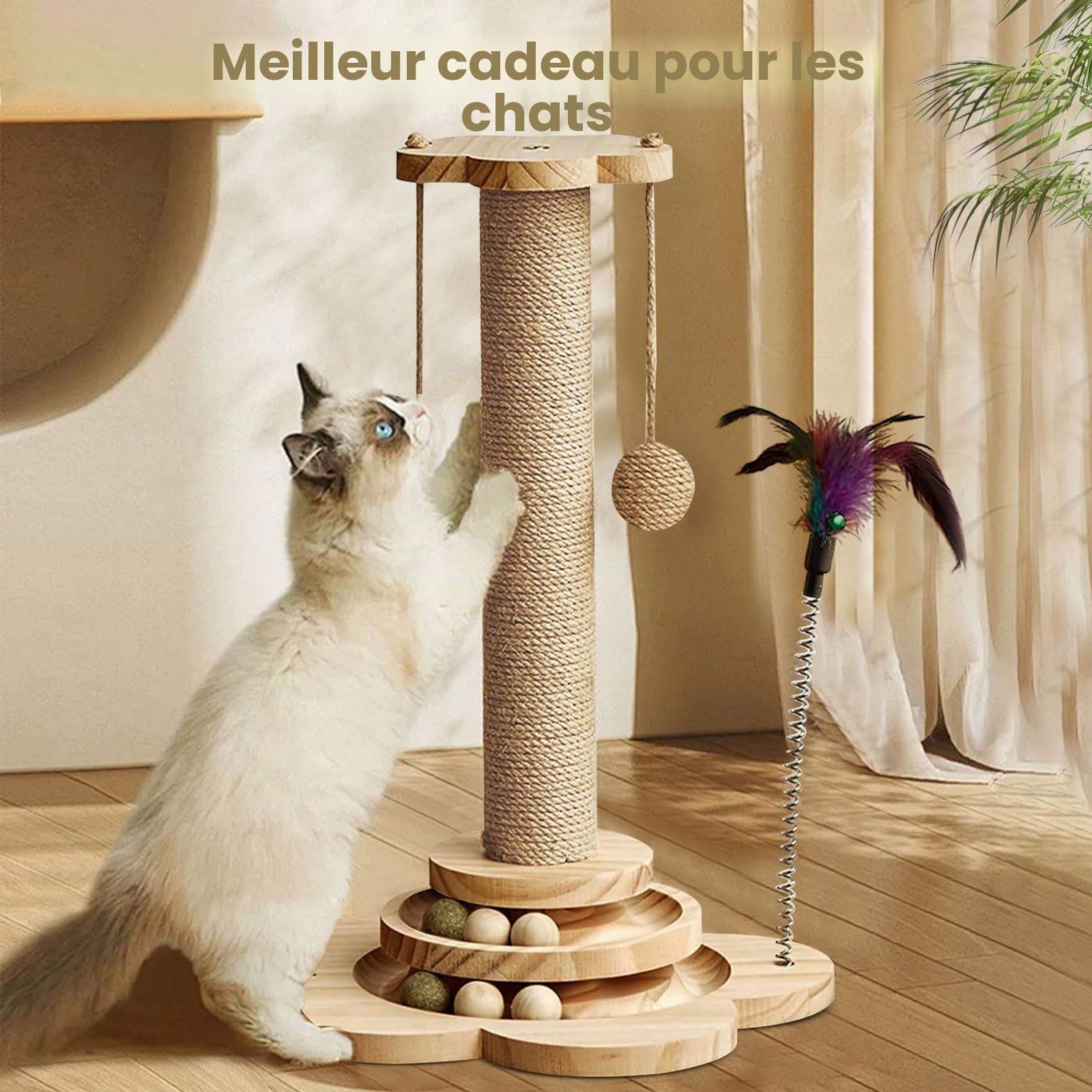 Arbre à chat en sisal naturel – Grattoir robuste pour petits chats d'intérieur – Jouet pour chaton avec griffoirs, plateforme de jeu et jouets – Assemblage facile – Design peu encombrant (45 cm de