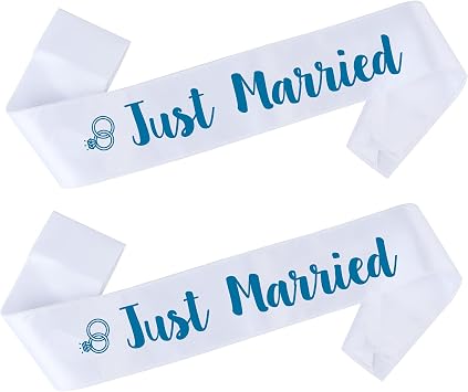 Just Married Sash - 2 Piece Blue Bride and Groom Sash Set | Wedding Party Decorations Bridal Shower Engaged Decor Bachelorette Favors Supplies Gift Decor Bachelor Accessories Engagement Gifts Ribbon