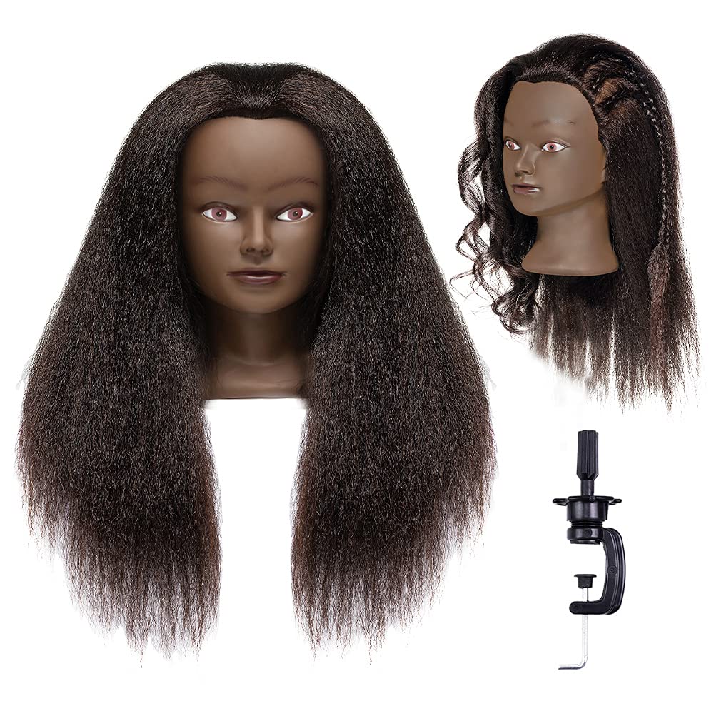 Afro Mannequin Head Hairdresser Training Head Manikin Cosmetology Doll Head 100% 22-24inches Real Hair with Clamp（2#）