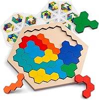 Vista 4 de Rompecabezas de bloques de madera, juguete grande hexagonal de madera para niños y adultos, rompecabezas de rompecabezas de geometría, lógica