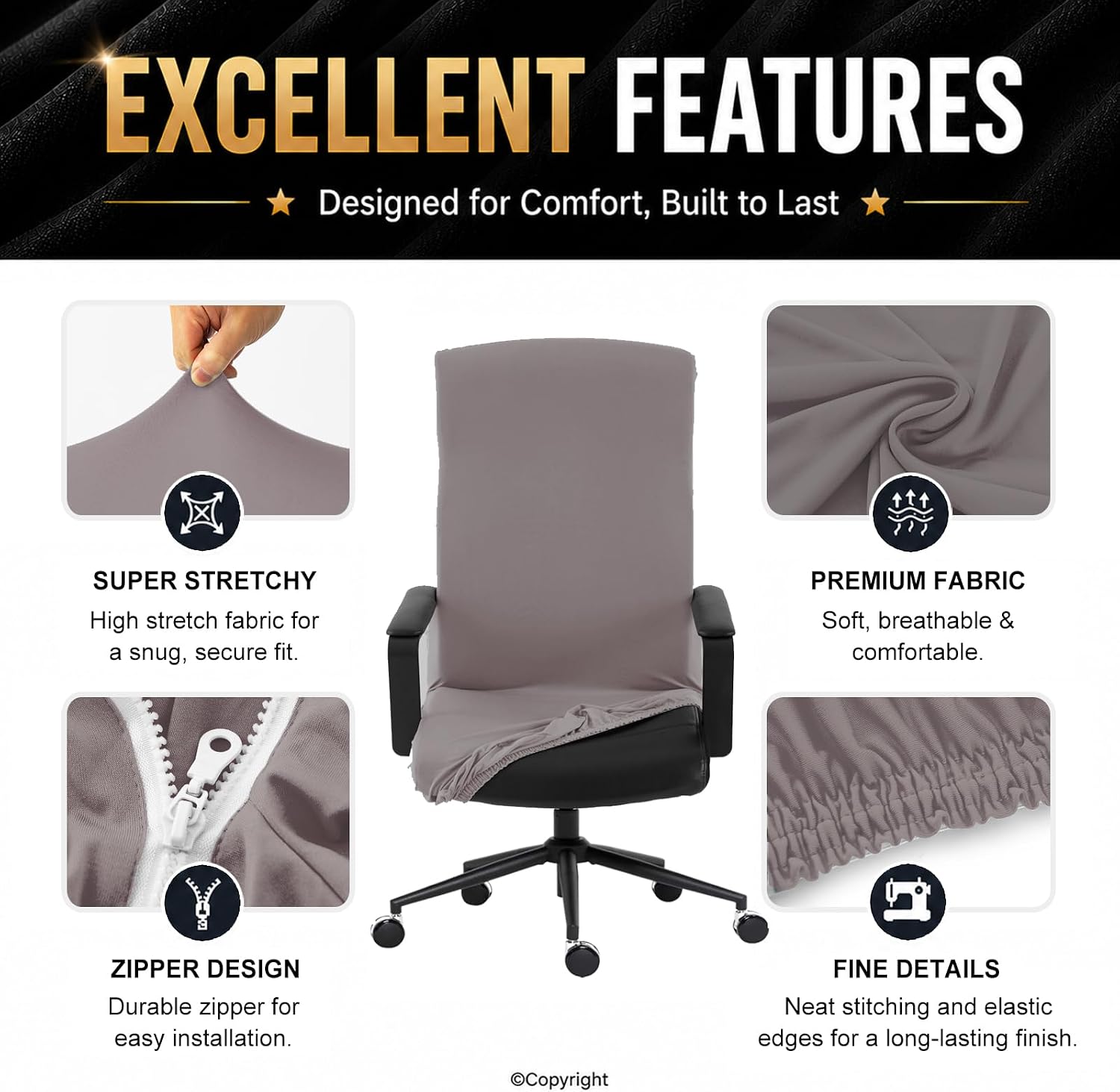 Elastic Computer Chair Cover with Durable Zipper - Protective Removable Washable Universal Office Desk Chair Seat Slip Cover - Stretchy Soft Anti-dust Desk Chair Seat Protector for Dogs, Cats, Pets