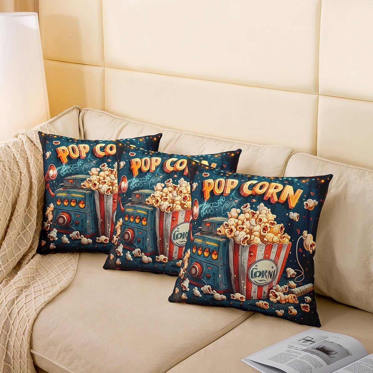 Erosebridal Popcorn Decorative Pillow Covers,Retro Popcorn Machine Throw Pillow Covers,Vintage Grunge Style Cushion Covers Set of 2 24X24,70S 80S Movie Theater Pillow Covers for Women Men Adults