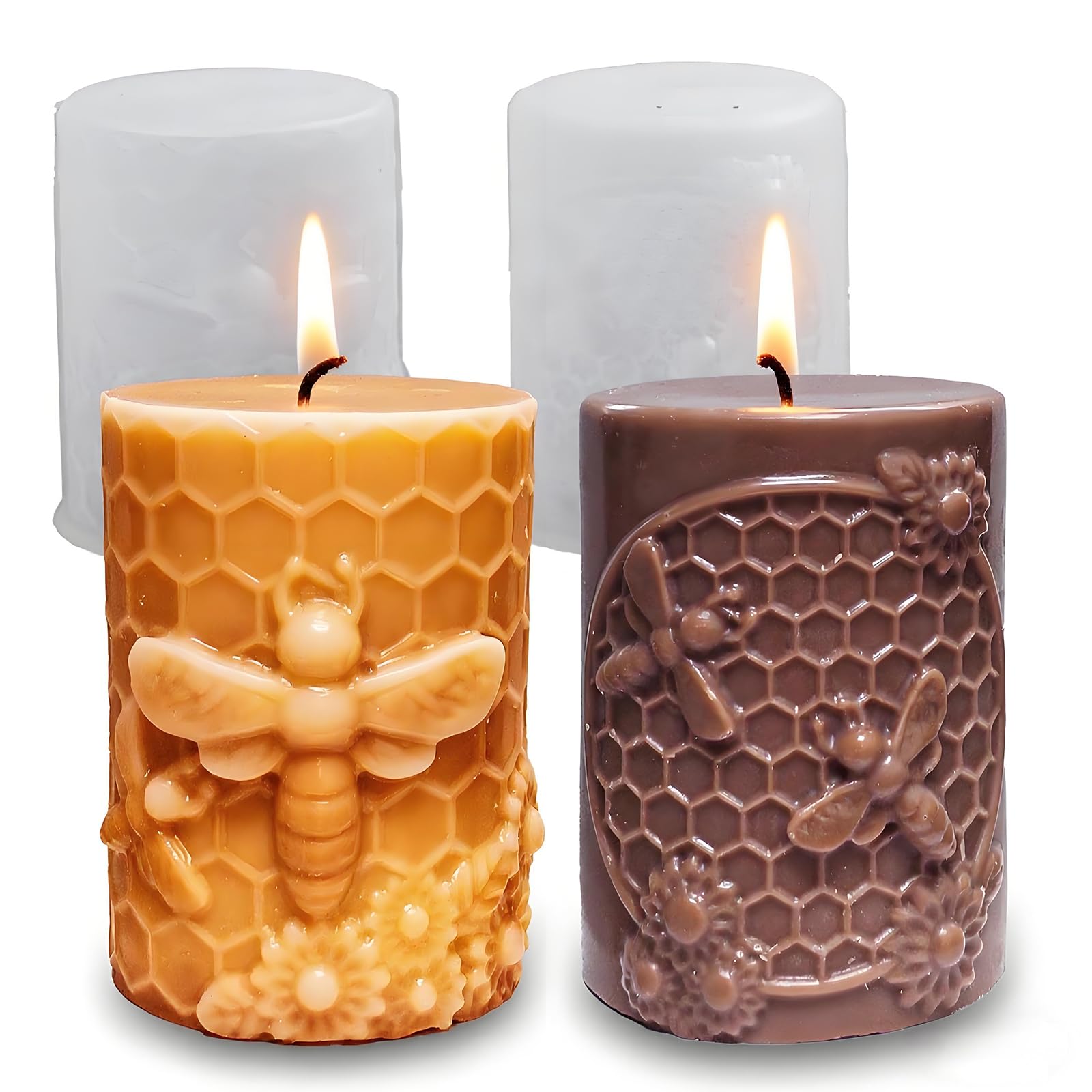 Wehous 2PCS Bee Candle Mold, Bee Honeycomb Flower Cylinder Silicone Molds for Resin Candle Soap Wax Beeswax, Unique Epoxy Casting Clay Art Craft Mould Kit DIY Home Decor