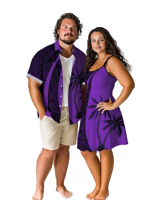 ROSE GAL Matchable Couple Hawaiian Coconut Tree Print Shirt or Plus Size Knee Length Fit and Flare Tank Dress(Men/Purple/L) by ROSE GAL - Used condition - US$15.52