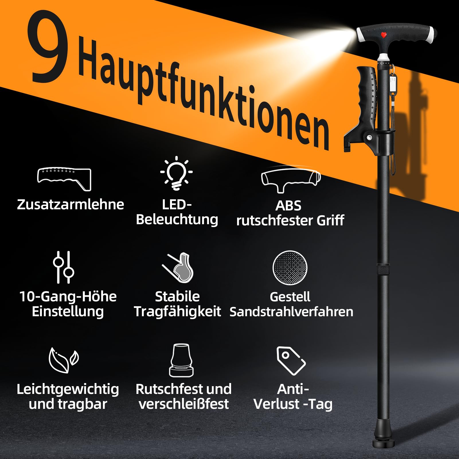 Verstellbarer Gehstock für Herren und Damen Doppelgriff Verstellbarer, Gehstock mit LED-Licht, gehstöcke für senioren und Menschen mit verschiedenen Arten von Arthritis
