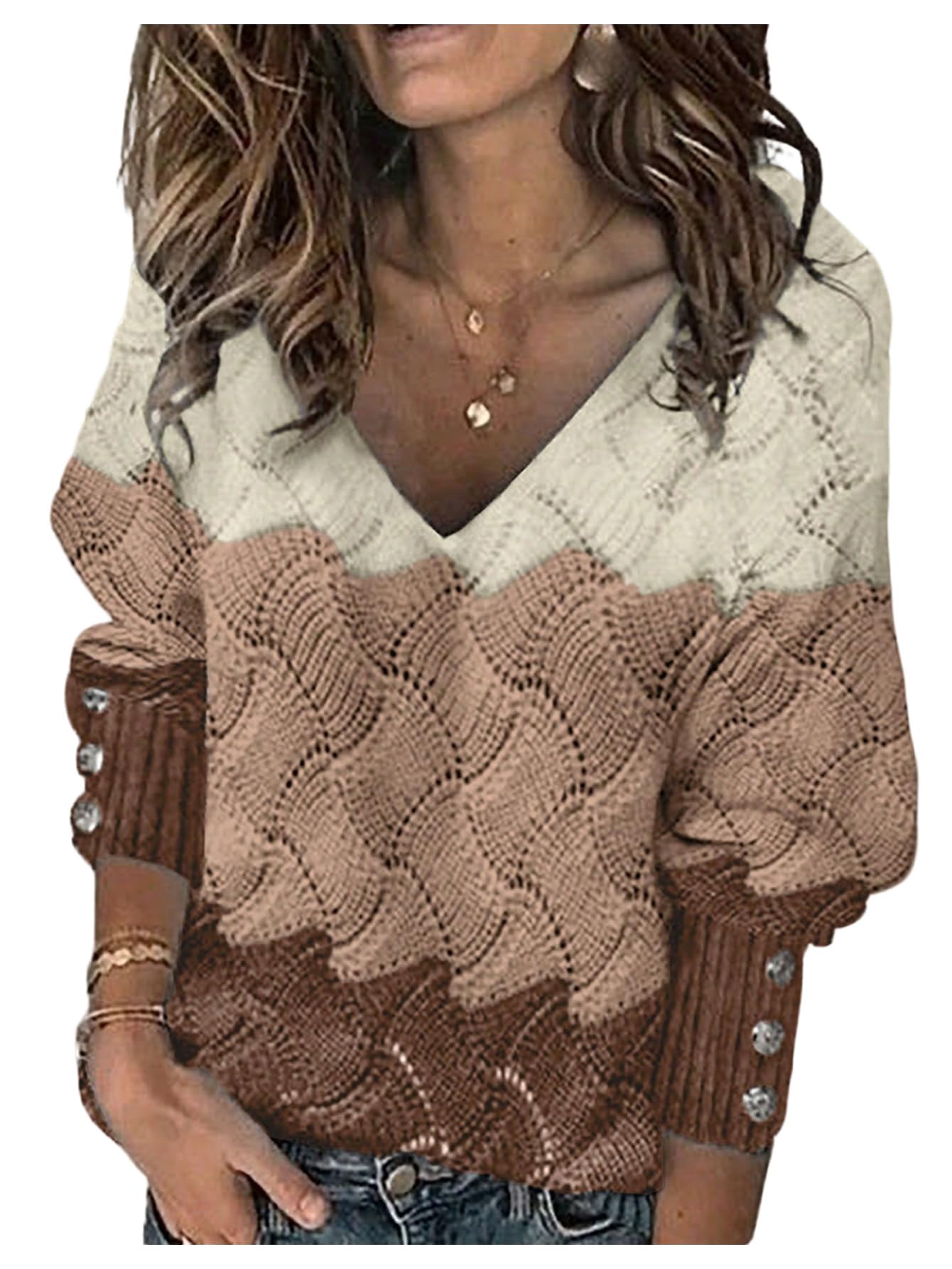 GORGLITTER Womens Colorful Boho Cozy Sweaters Crochet Hollow Out V Neck Long Sleeve Fall Knit Pullover Tops Coffee