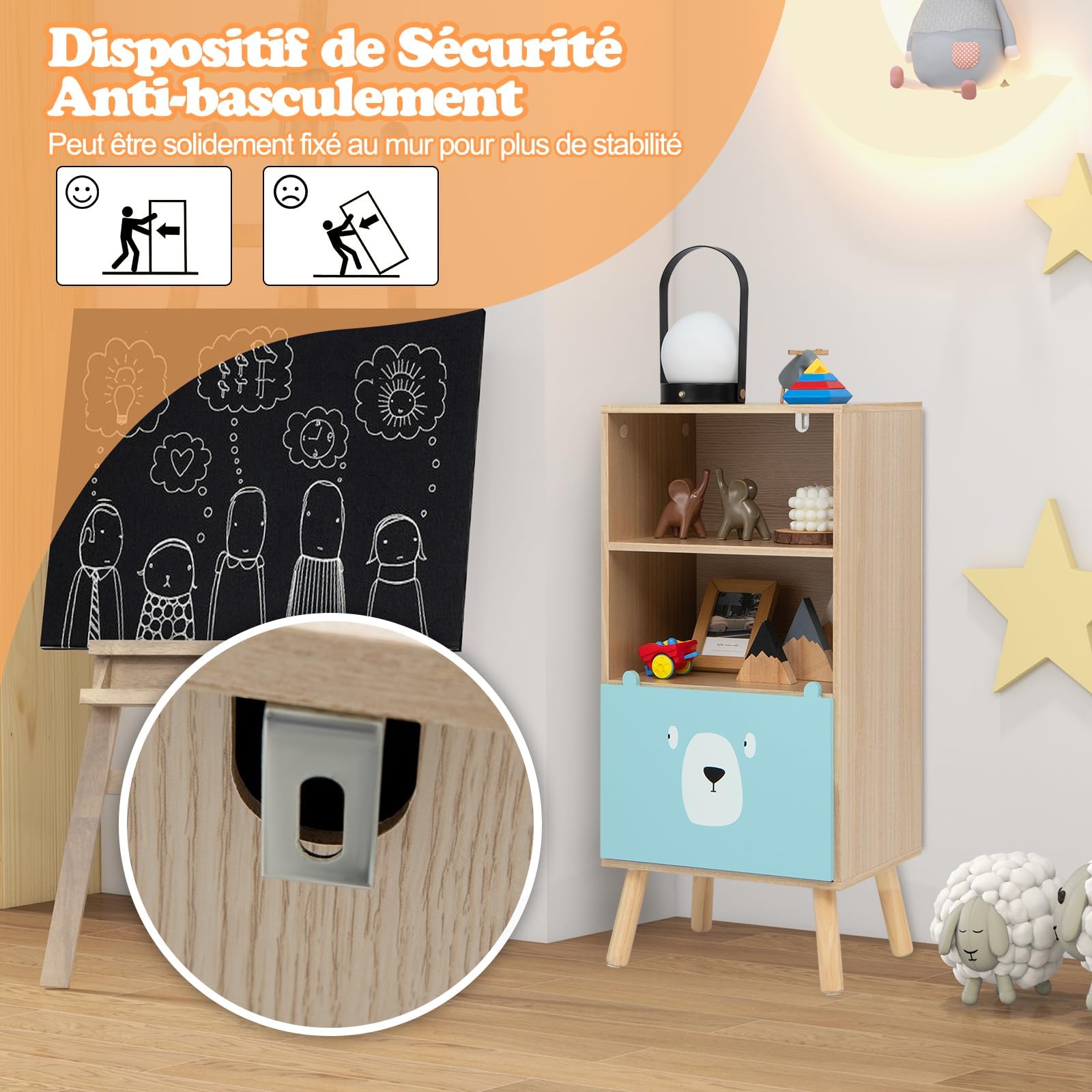 Libreria per Bambini RELAX4LIFE 3 Ripiani 40x30x85 cm Legno Cassetto 2 Scomparti Antiribaltamento 50 kg