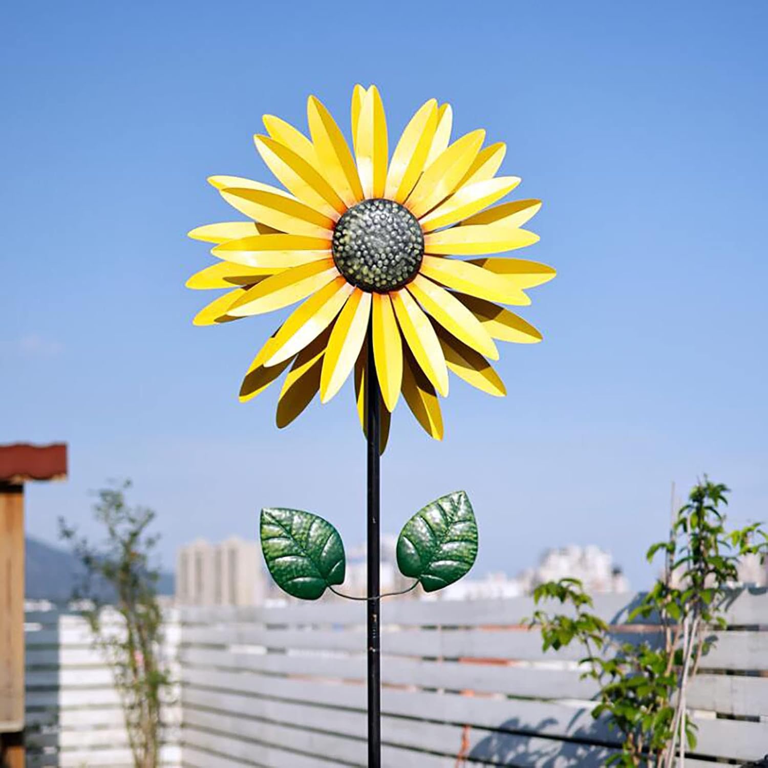 Outdoor Patio Decor, Flower Garden Wind Spinner Large Metal Decor Wind Sculpture for Yard Garden Ornament Windmill Spike,Yellow 2M,Blue 2m