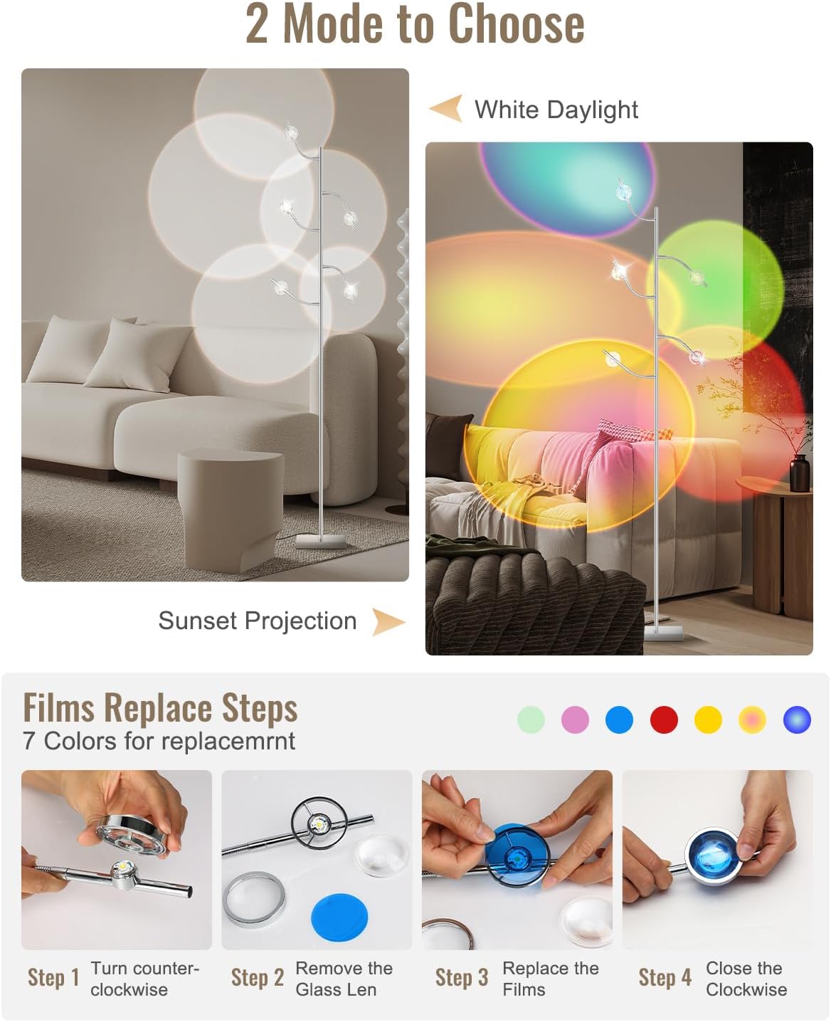 5 Head RGBW Halo Projector Floor Lamp, 4000K LED with Replaceable Color Filters, 71 Inch, 15W, Chrome, Sunset Projection Floor Lamp for Bedroom, Living Room, Game Room