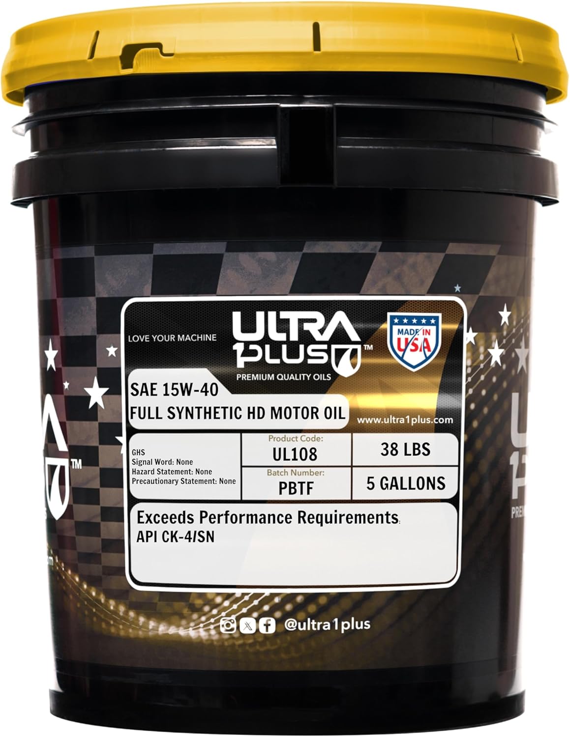 Ultra 1Plus SAE 15W-40 Full Synthetic Heavy-Duty Diesel Engine Oil - 15W 40 Motor Oil API CK-4/SN (5 Gallon Pail)