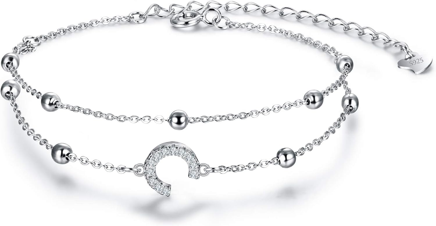FANZE 925 Sterling Silver Multilayer CZ Initial Double Link Bracelet Cute Tiny Charm Dainty Adjustable Bracelet Gold/Silver Tone Gift for Women