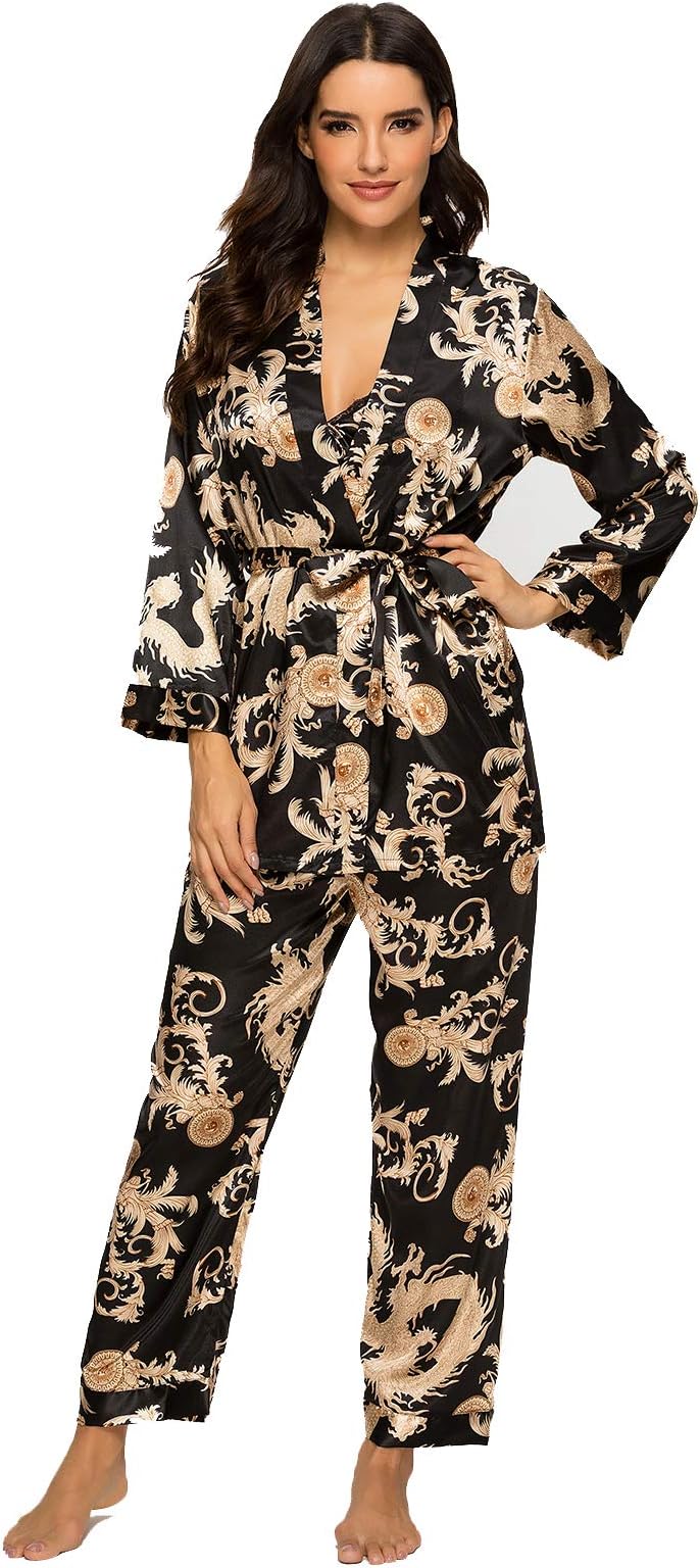 Escalier Women's Silk Satin Pajamas Set 3 Pcs Floral Silky Pj Sets Sleepwear Cami Nightwear with Robe and Pant