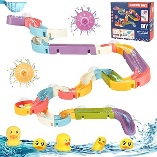 LISSUDA 66Pcs Bath Toys for 3 Year Olds Duck Slide Bath Toy Wall Track Shower Toys DIY Educational Water Slide Bathtub Toys with Suction Cups Toddlers Kids Bath Toys for 3 4 5 6 Year Olds Boys Girls