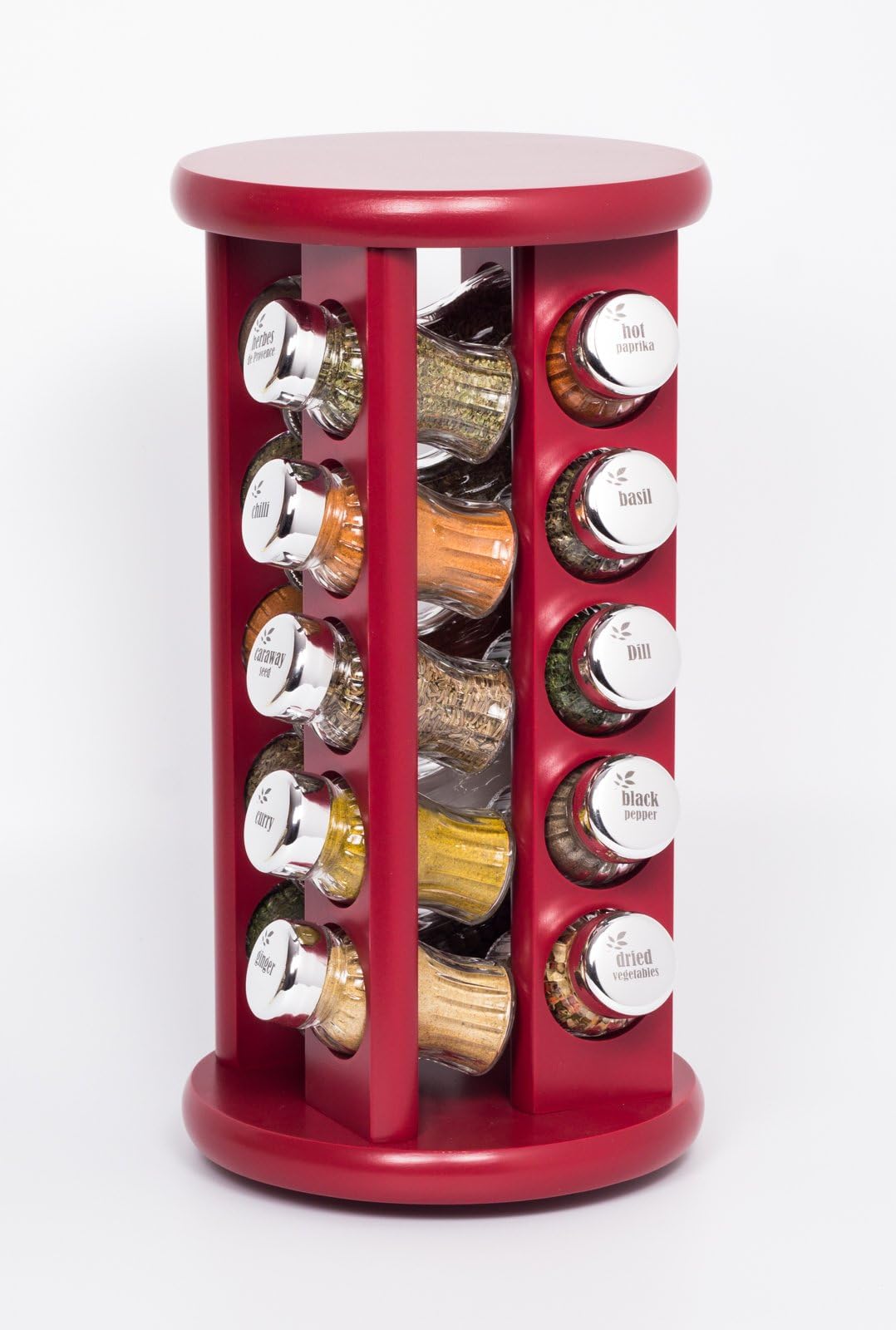 20 Jar Revolving Wooden Spice Rack filled with Herbs and Spices + 2 Jars Absolutely FREE! Rotating 20s by GALD claret (bordeaux, deep red) silver glossy caps