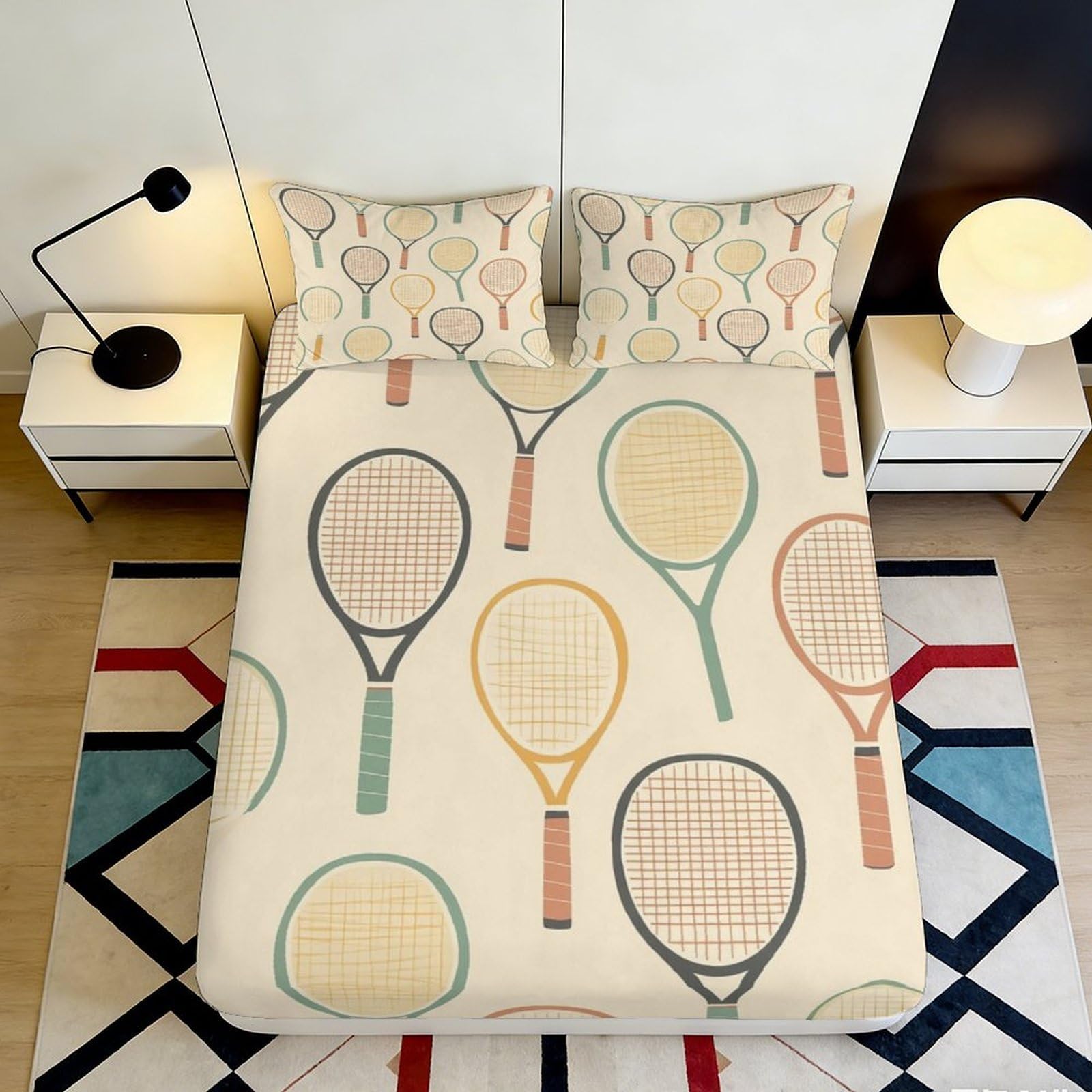 Stylish tennis racket motif 3D Printed Fitted Sheet, Microfiber soft touch, guest room bedding, wrinkle resistant, home decor accent, dustproof 90x200x25cm