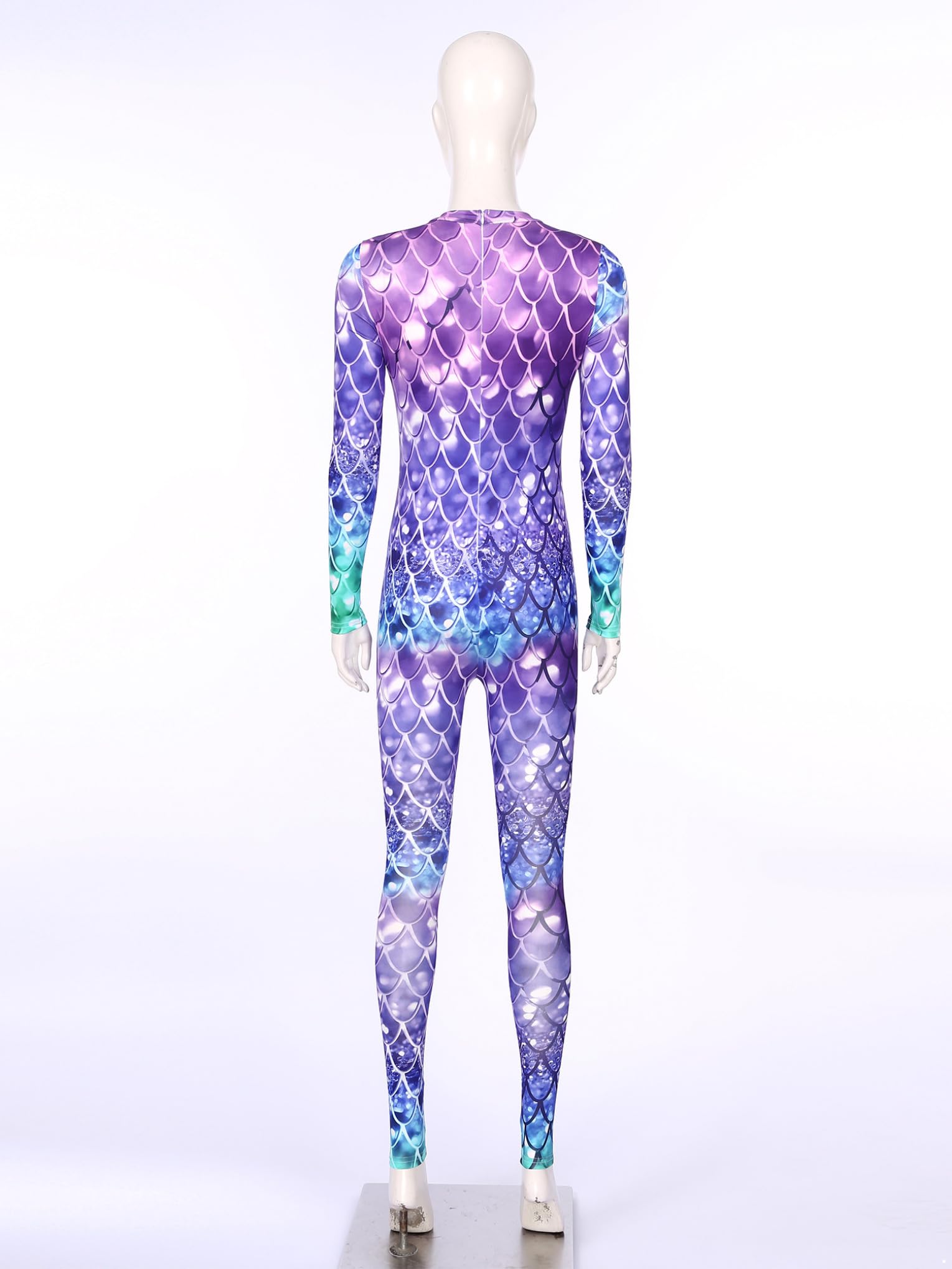 Mono Largo de Gimnasia Rítmica Body Mujer Cuello Alto Mangas Largas con Estampado Escamas de Pescado Mono de Danza Jumpsuit Deportivo