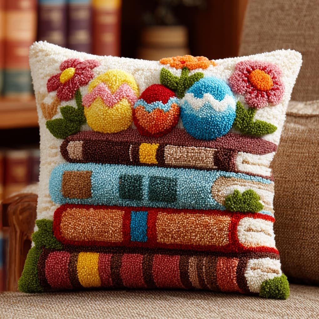 WallustrioaW DIY Latch Hook Kits,Books and Easter Eggs,Pattern Printed Throw Pillow Case Cushion Cover Crochet Needlework Crafts for Kids and Adults,17x17in