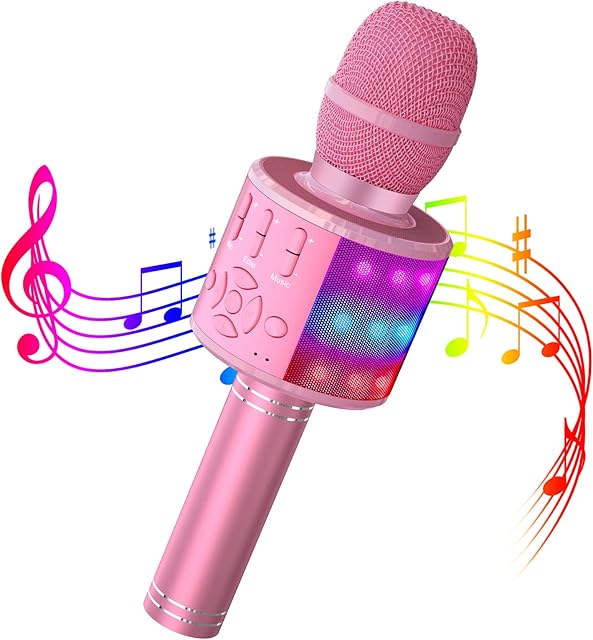 Wowstar Karaoke Wireless Microphone, Bluetooth Handheld Microphones for Kids Adults, Karaoke Mic Speaker Singing Machine with LED Lights, Home KTV Party Player Support Android & iOS Devices(Pink)