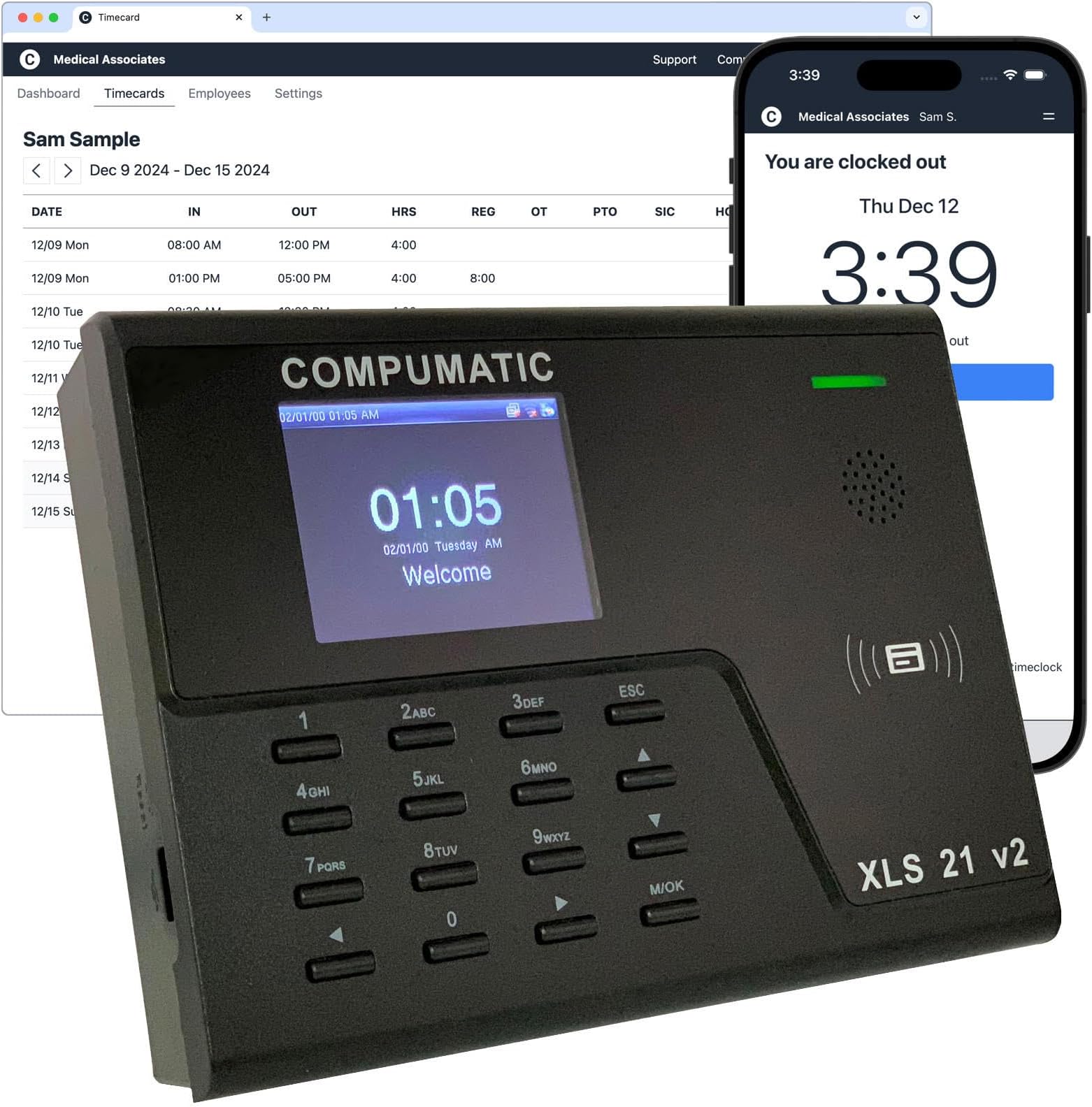 COMPUMATIC PIN Entry and RFID Time Clock with Online Cloud Hosted Software, Automatic Real-Time Punch Upload with WiFi or Wired Ethernet Connection