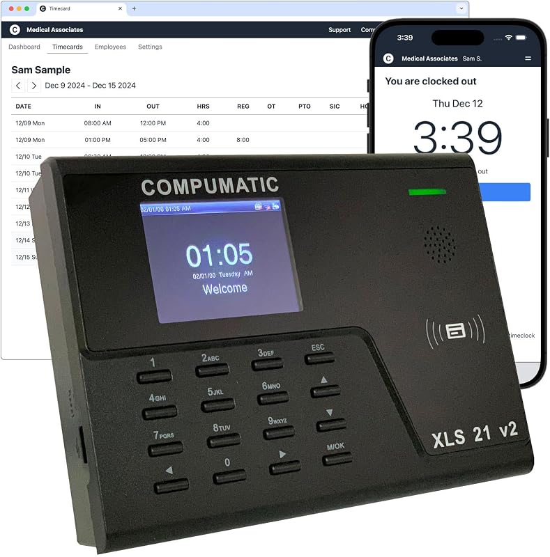 COMPUMATIC PIN Entry and RFID Time Clock with Online Cloud Hosted Software, Automatic Real-Time Punch Upload with WiFi or Wired Ethernet Connection