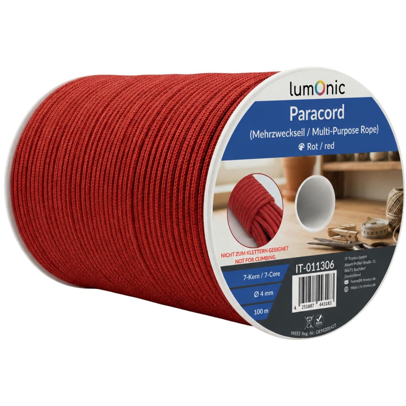 Paracord 4mm Rouge Lumonic 100m en nylon résistant pour bushcraft et camping