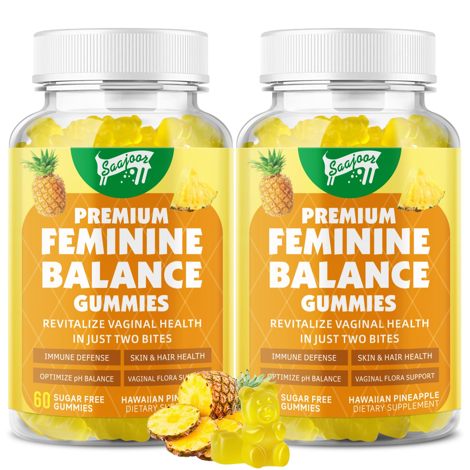 Premium Feminine Balance Gummies for Women's Immune Health, Hawaiian Pineapple Gummies Support pH Balance & Immune Support, Vegan, Gluten-Free, 120 Count 2pack
