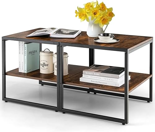Miniatura 9 de Tangkula Juego de 2 mesas auxiliares de 2 niveles con parte superior de madera con marco mental, mesitas de noche industriales, mesita de noche,