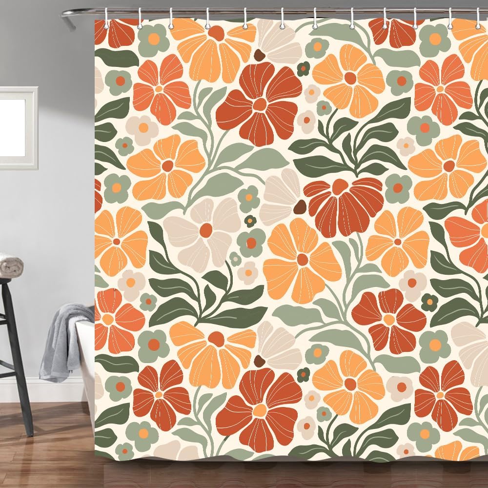 Boho Flower Floral Shower Curtain Cute Colorful Linen Abstract Shower Curtain Retro Flowers Plants Botanical Boho Shower Curtains for Bathroom with 12 Hooks 71X84 inch