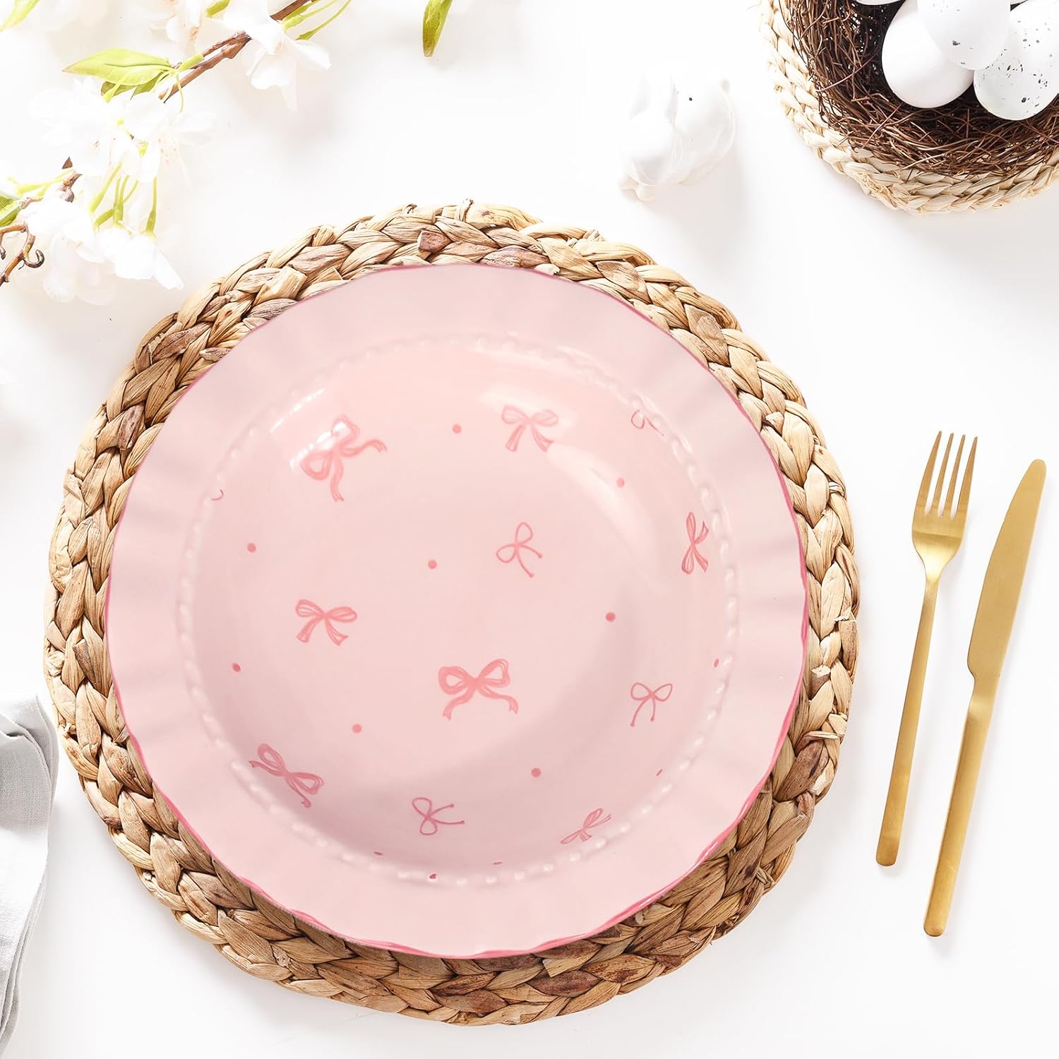 JarThenaAMCS 2 Pcs Pink Bow Ceramic Dish White Pink Bow Tie Dessert Plates Cute Coquette Salad Appetizer Plates for Holding Necklaces Earrings Bracelets Decorative Plate Home Restaurant Table Decor