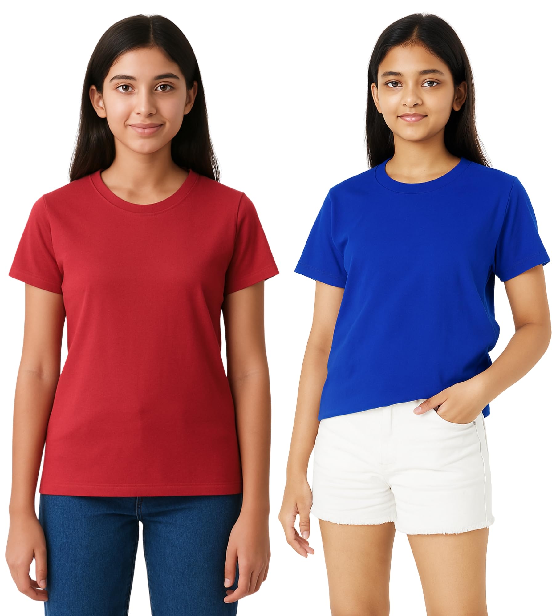 Hangout Hub Girl's Solid Tshirt | Plain T-Shirt | Cotton | Regular Fit Tees | (Red Blue; Girl-13-14 Y) | Round Neck | Ha