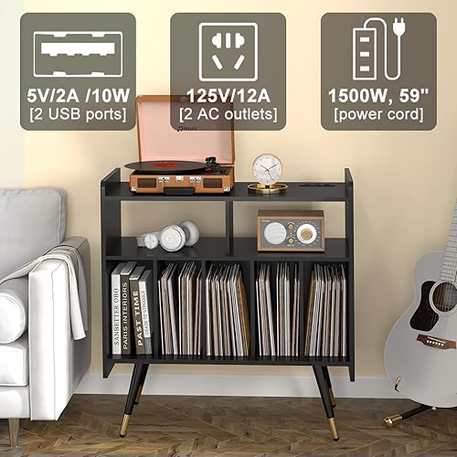 Miniatura 6 de scolyk Soporte grande para tocadiscos, armario de almacenamiento de discos de vinilo con toma de corriente, mesa de tocadiscos con capacidad para