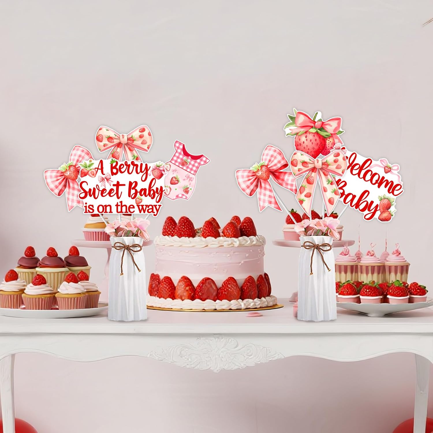 Pink Bow Strawberry Baby Shower Decorations - 24 Pcs A Berry Sweet Baby Is on The Way Centerpiece Sticks Strawberry It's a Girl Gender Reveal Party Supplies Pink Red Fruit Table Toppers Decoration
