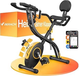 MERACH Bicicleta Estática 4 en 1 con App Entrenamiento, Bicicleta Estatica Plegable Silenciosa, Resistencia Magnética de 16 Niveles, Banda de Resistencia, Pantalla LCD, Medición Pulso, Asiento Cómodo