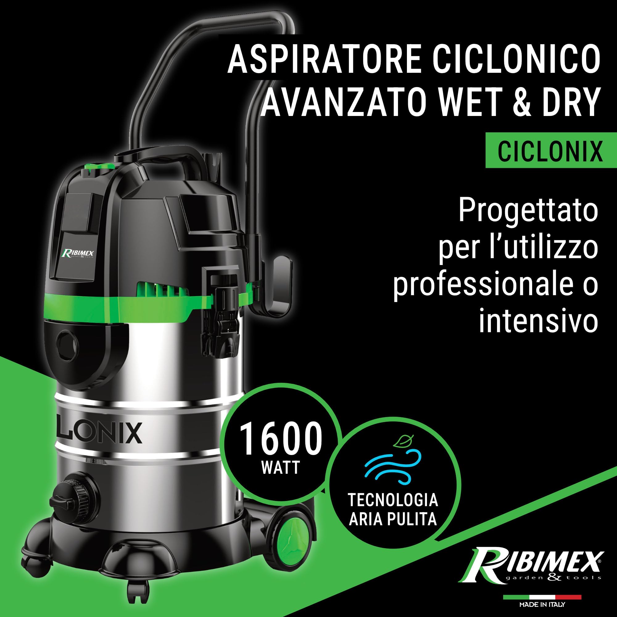 Ribimex Aspiratore Ciclonico 4 in 1 Cyclonix, Aspiratore Solidi, Liquidi e Cenere, Bidone da 30 L, 1600 W, Funzione Soffiante e Scarico Liquidi, Presa Elettroutensili, Accessori Inclusi - PRCEN023