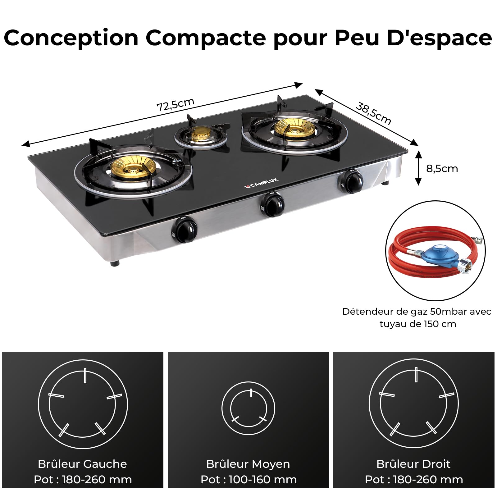 CAMPLUX Explorer Plaque à Gaz Portable 3 Feux, Réchaud GPL pour Camping, Jardin, 50 mbar, 6.250W, TC03GBDE