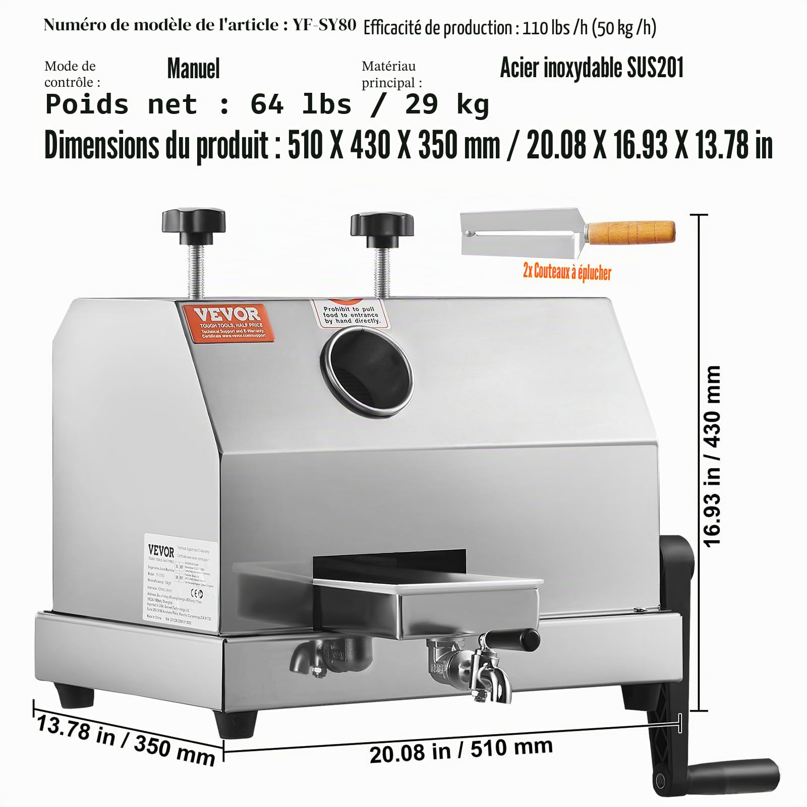 VEVOR Extracteur de Jus de Canne à Sucre Manuel Presse-Canne à Sucre 50 kg/h en Acier Inoxydable avec 3 Rouleaux Grande Entrée Presse-Agrumes pour Extraction de Jus Domestique et Commerciale Boisson