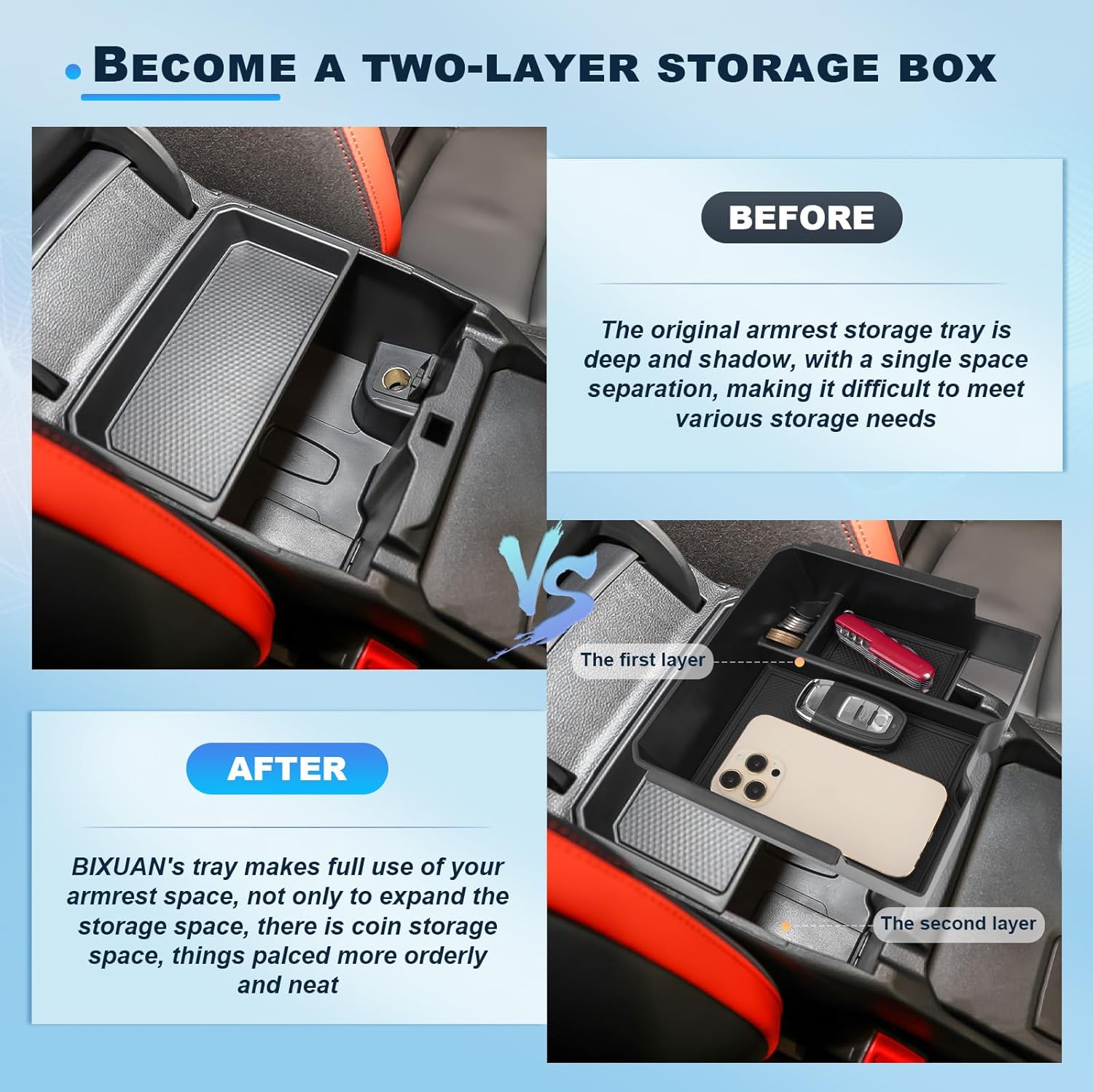 BIXUAN 2024-2026 Ranger Center Console Organizer for 2024 2025 2026 Ford Ranger Armrest Insert Tray+Console Cup Holder Middle Console Armrest Storage Box 2026 Ranger Accessories