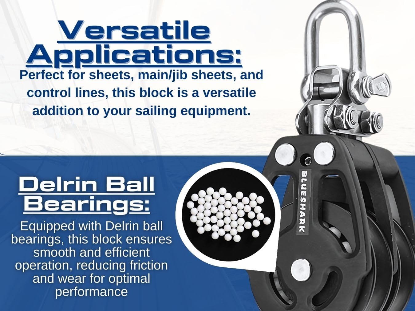 Blue Shark 2254-38 mm Fixed Double Aluminum Sailing Block - Max Line: 3/8” (10 mm), Safe Working Load (SWL): 1600 lbs, Breaking Load: 2850 lbs (2-Pack)