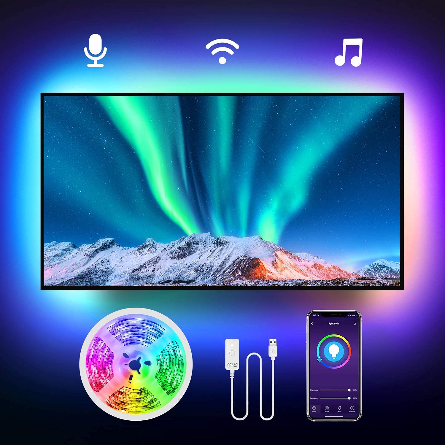 LED Strip,Gosund LED Strip 9.2Ft(2.8M) 5050 RGB LEDs Color Changing LED TV Backlights Works with Alexa Google Home,WiFi Smart Lights Strip, Sync to Music, Dimmable RGB Colour Changing Light Strip