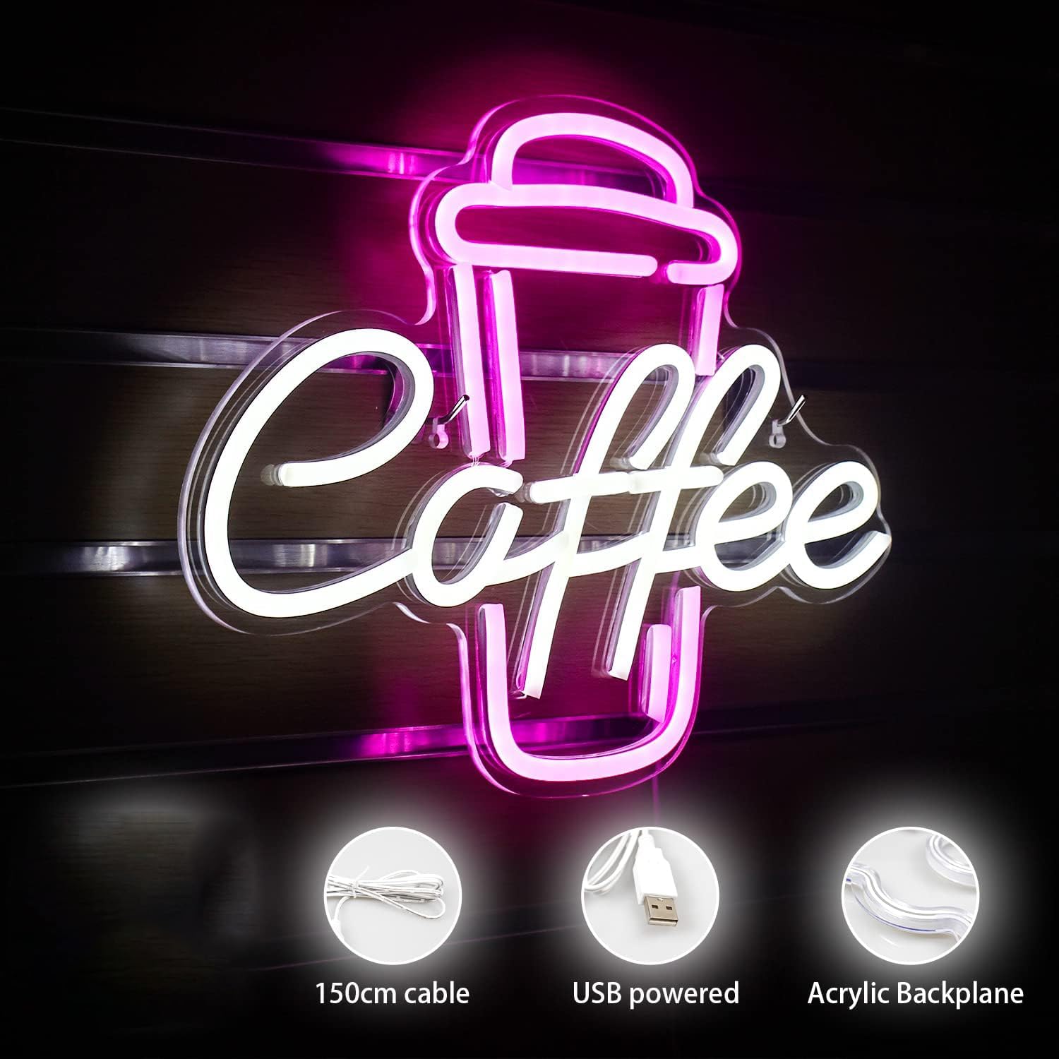 Coffee Neon Light Sign Rose Red Neon Signs Neon Lights Open Sign Letter Light Up Coffee Cup Neon Light Signs for Wall Cafe Bar Restaurant Decor