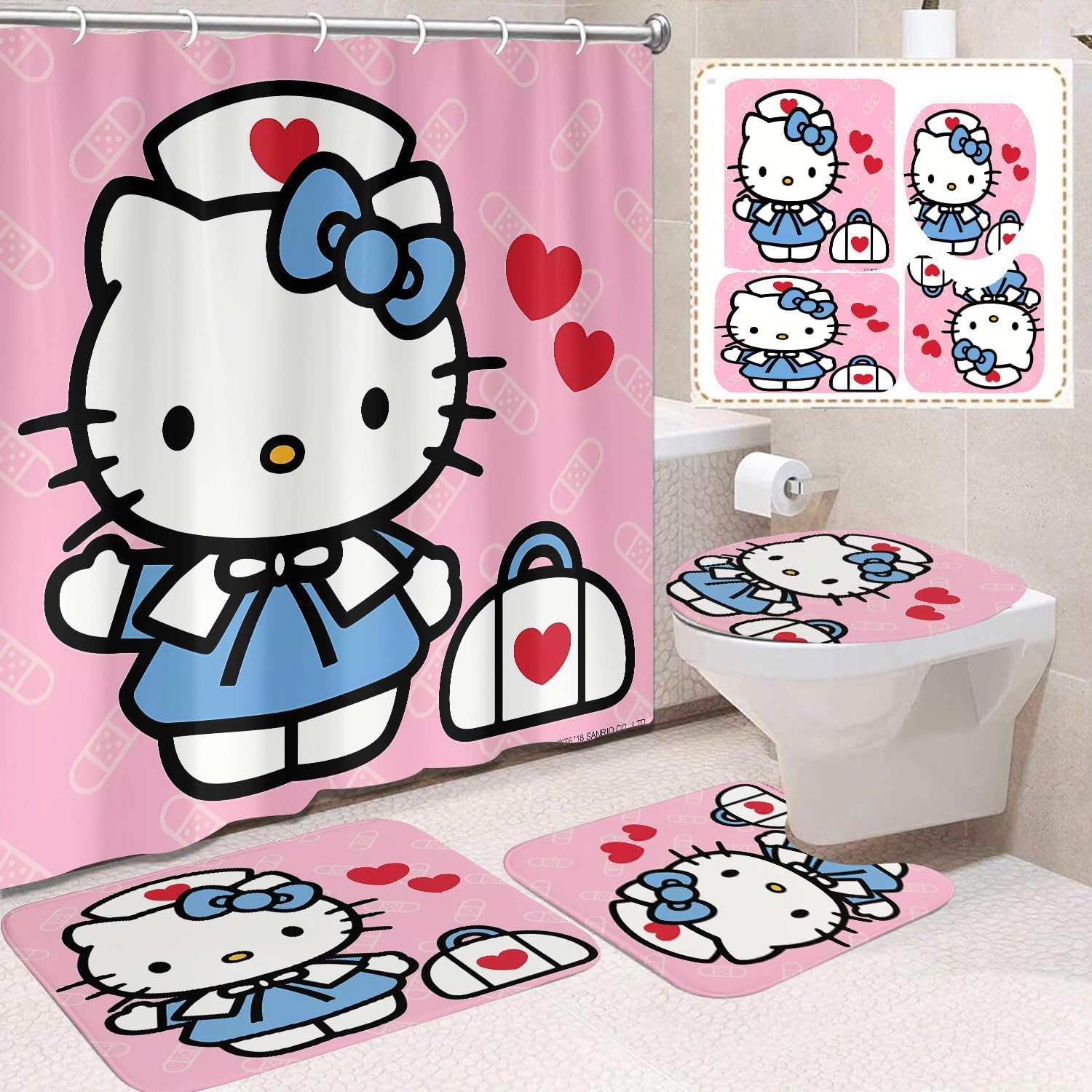 Cute for Kitty Shower Curtain Set 4 Piece with Non-Slip Rugs, Toilet Lid Cover and Bath Mat Cartoon Bathroom Decor 72 x 72inch (KT001)